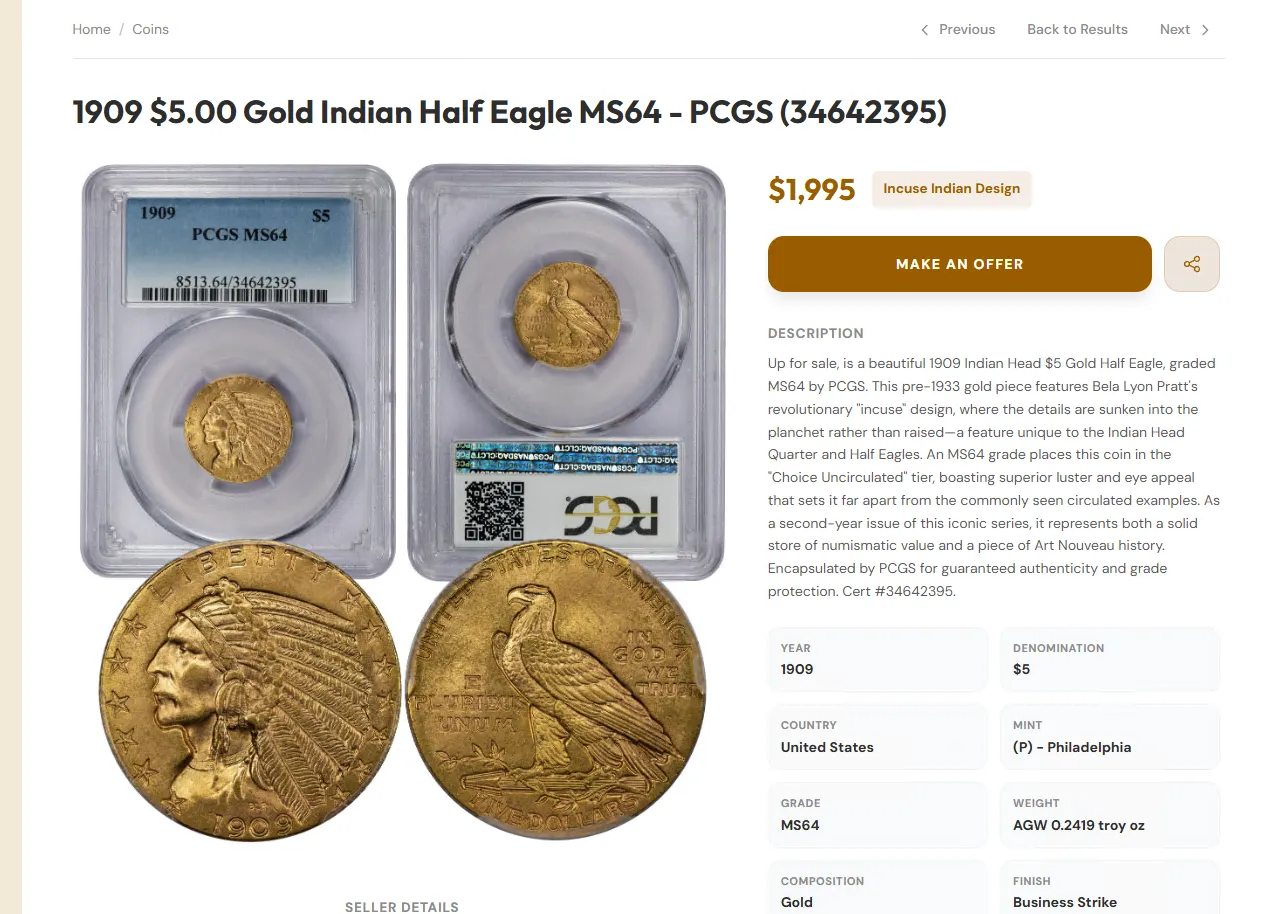 Coin listing example on The Keen Curator