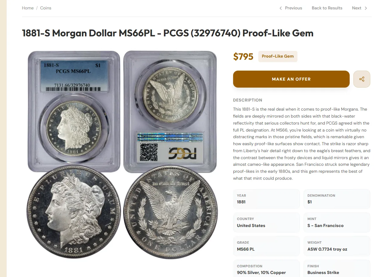 Coin listing example on The Keen Curator