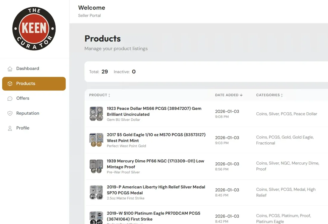 Seller dashboard on The Keen Curator