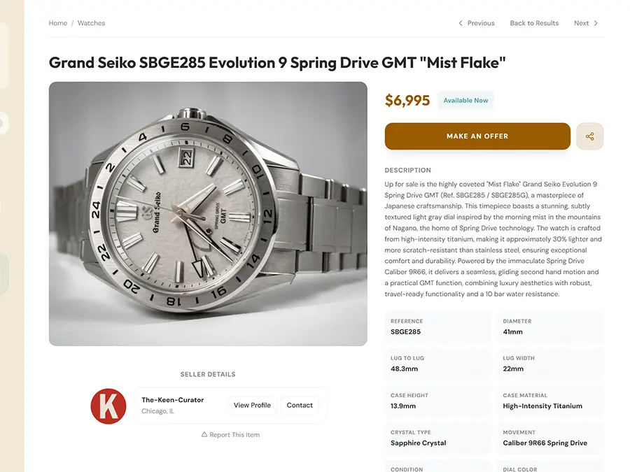 Watch listing example on The Keen Curator
