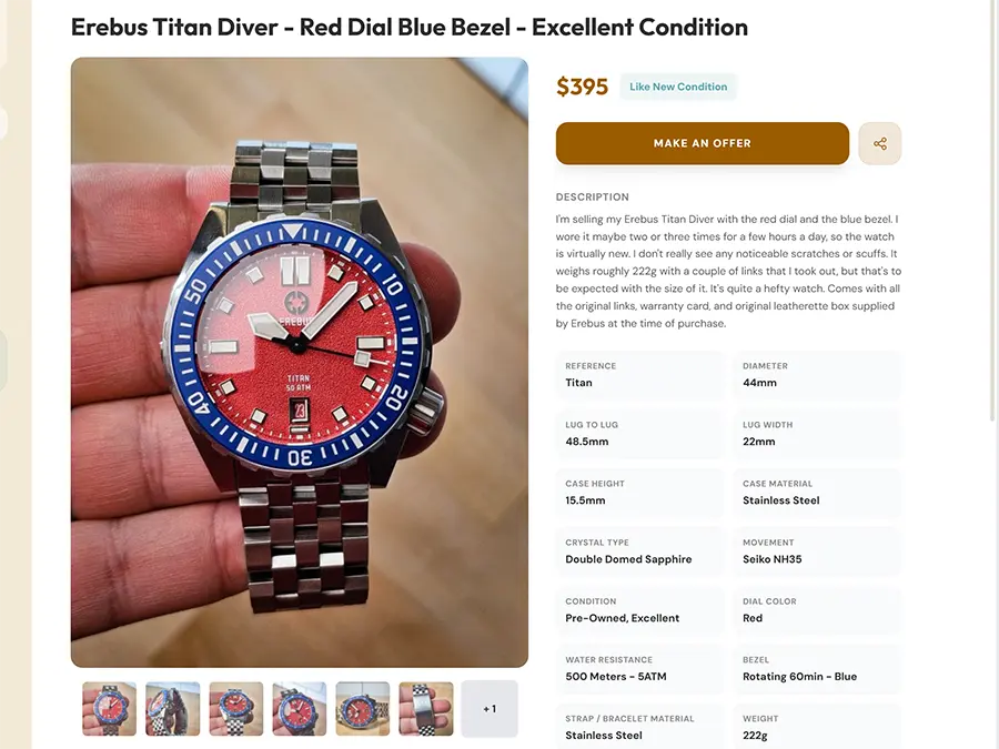 Watch listing example on The Keen Curator