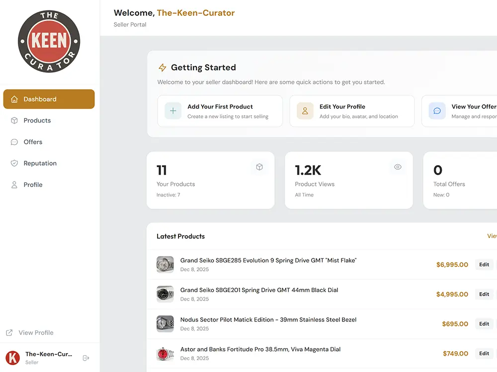 Seller dashboard on The Keen Curator