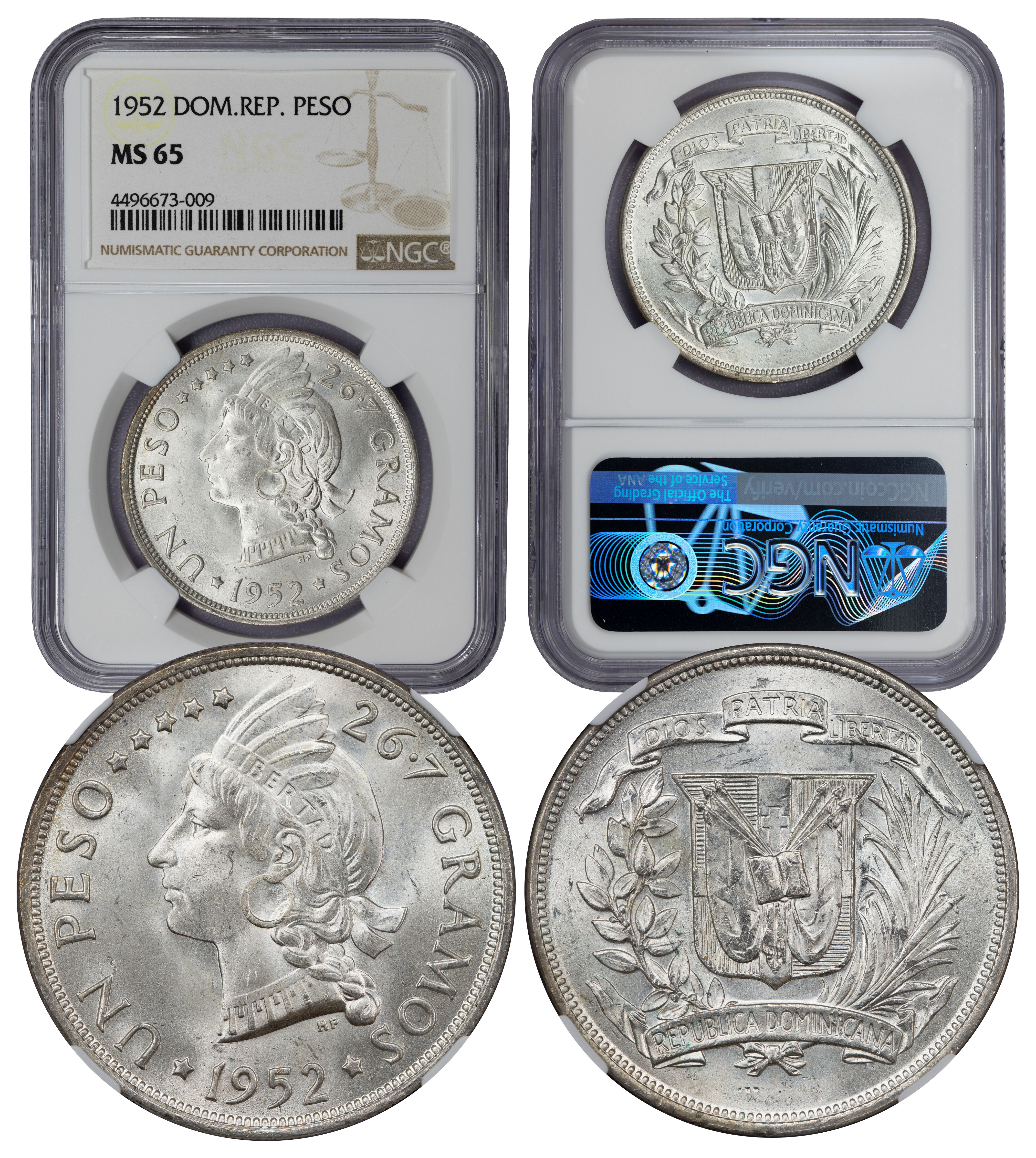 1952 Dominican Republic Silver Peso MS65 NGC (4496673-009) - Image 1