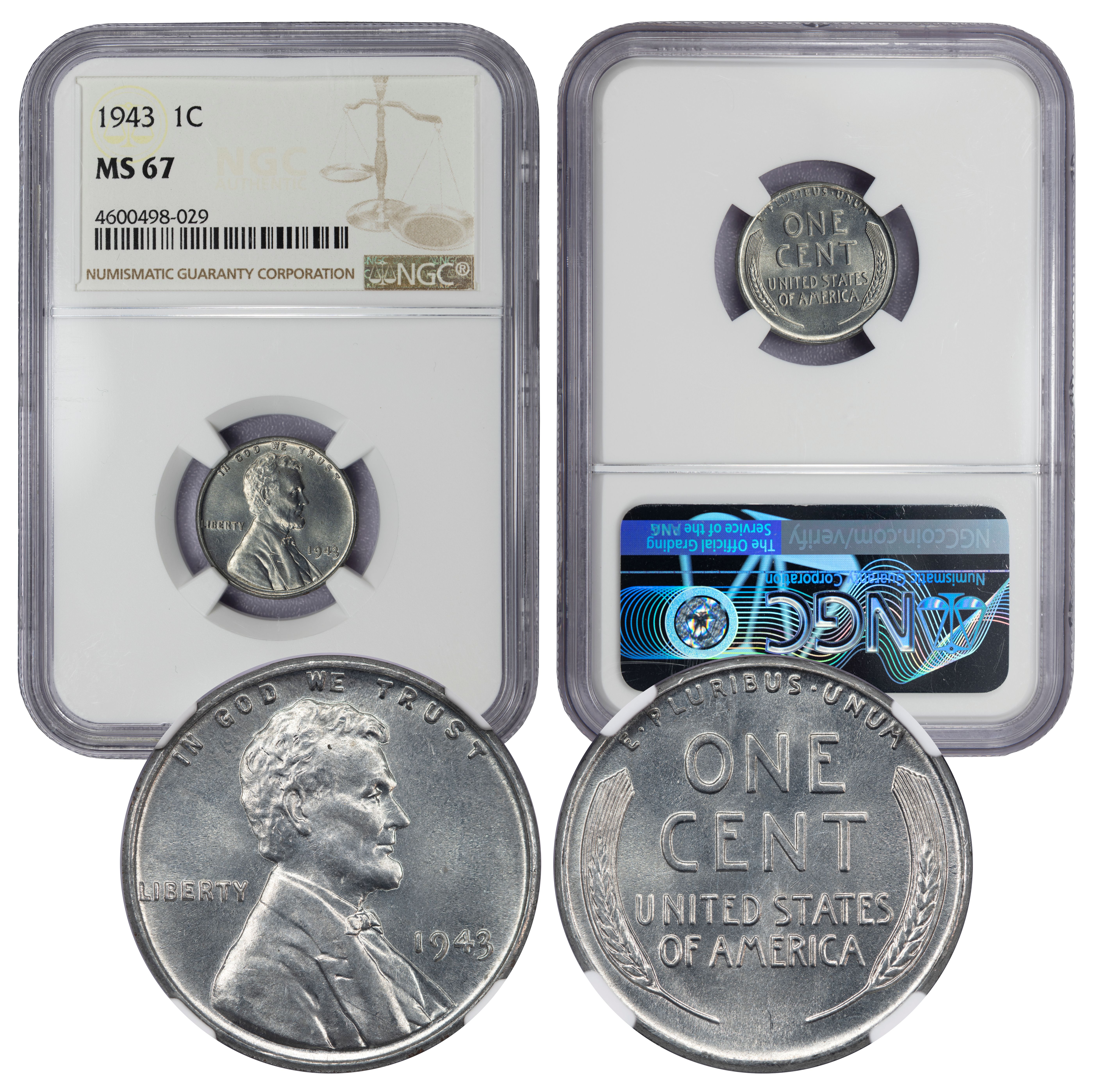 1943 Lincoln Steel Cent MS67 NGC (4600498-029) WWII Issue - Image 1