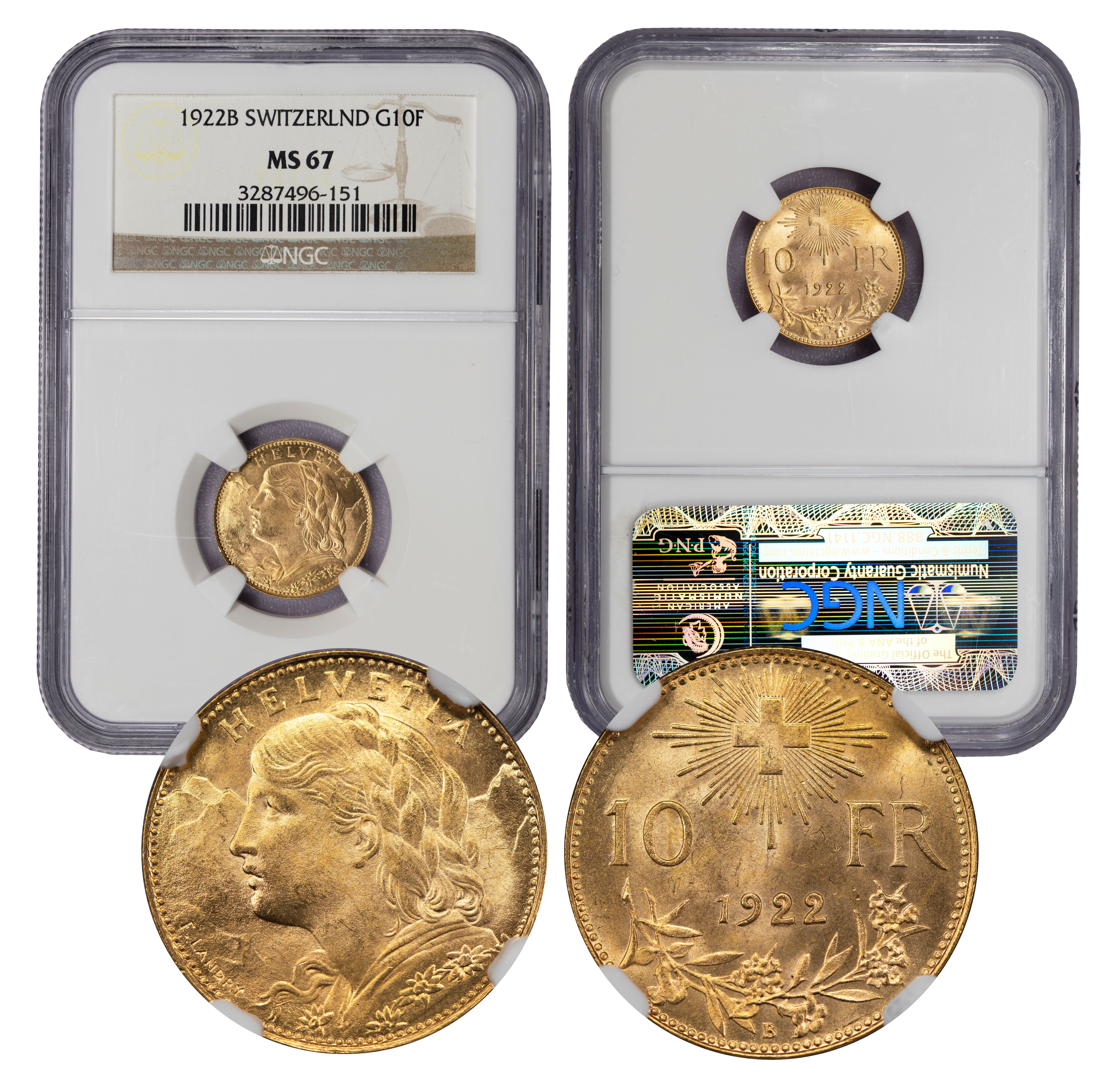 1922-B Switzerland 10 Francs Gold Vreneli MS67 NGC (3287496-151) - Image 1