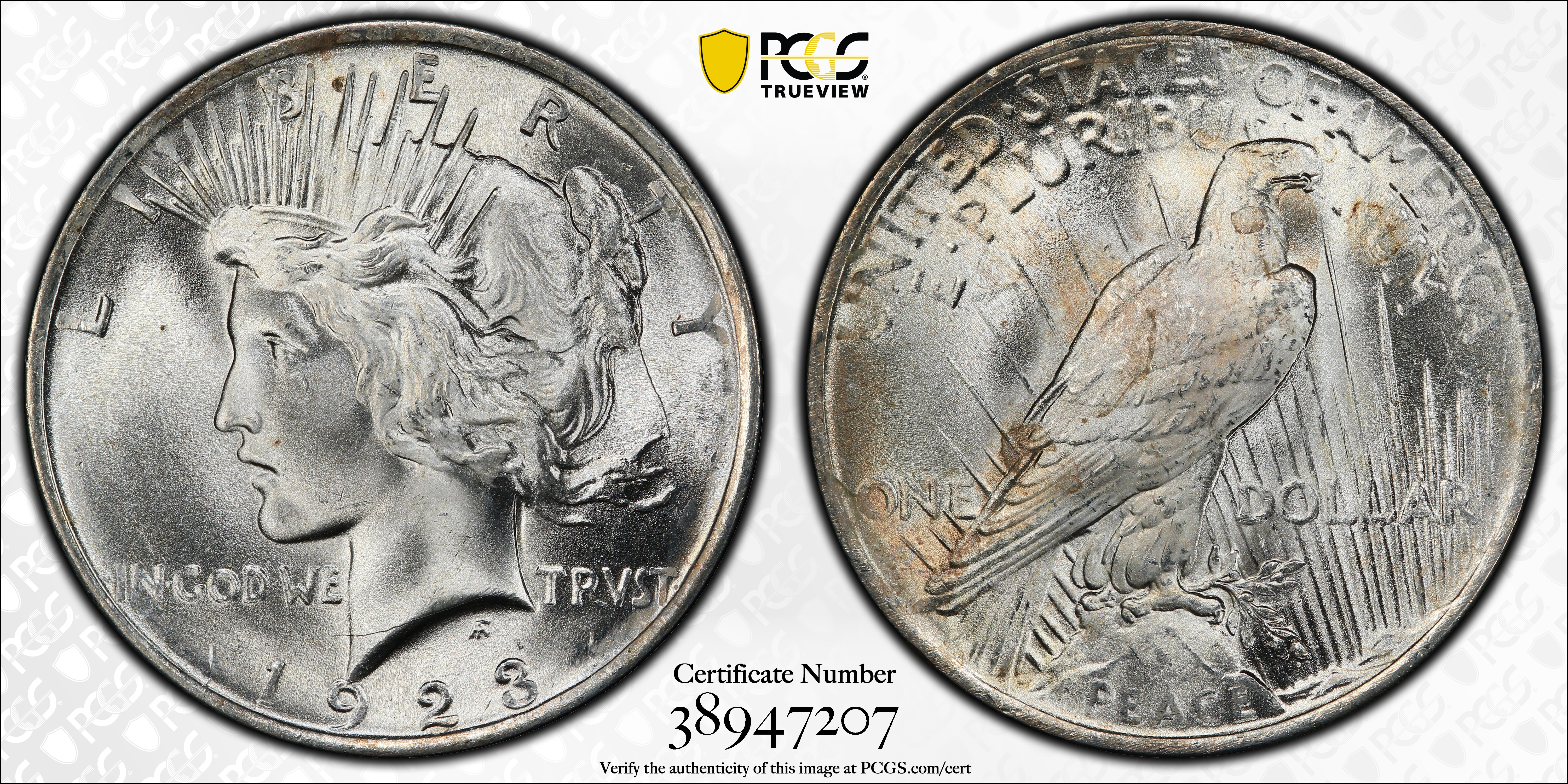 1923 Peace Dollar MS66 PCGS (38947207) Gem Brilliant Uncirculated - Image 3