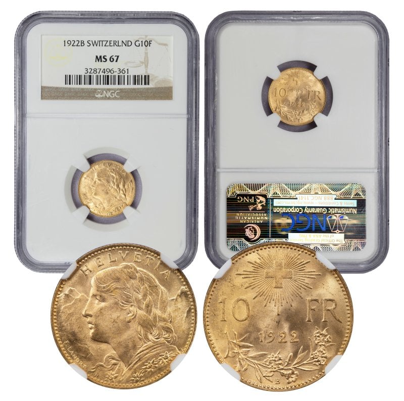 1922-B Switzerland 10 Francs Gold Vreneli MS67 NGC (3287496-361)
