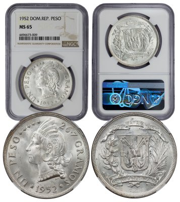 1952 Dominican Republic Silver Peso MS65 NGC (4496673-009)
