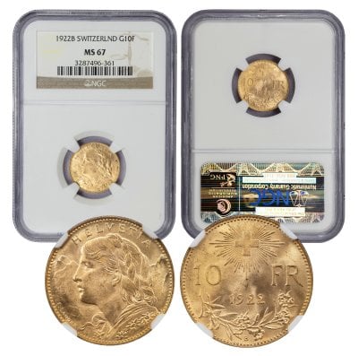 1922-B Switzerland 10 Francs Gold Vreneli MS67 NGC (3287496-361)